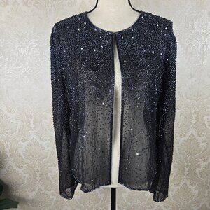 Scala Size XL Black Evening Jacket Beaded Sequins 100% Silk Single Top Closure